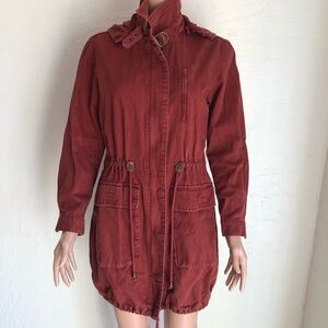 Forever 21 Maroon￼/Burgundy Cargo Hoodie Midi Jacket Denim Coat Women’s Size S